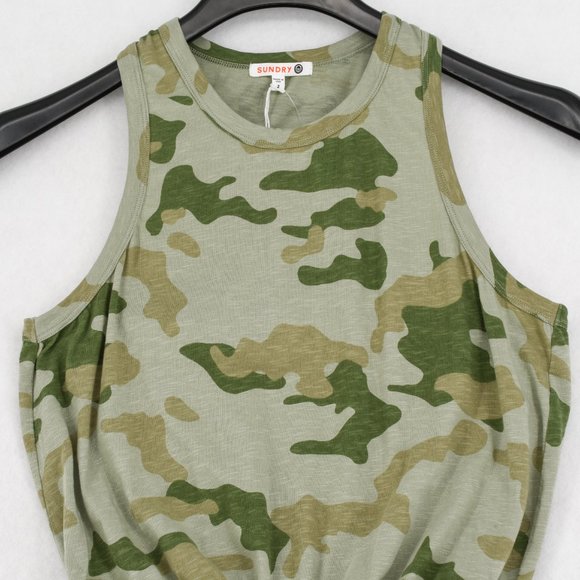 Sundry T-Shirt Dress Womens Camo Green Sleeveless Racerback Ruched Mini - Picture 4 of 8